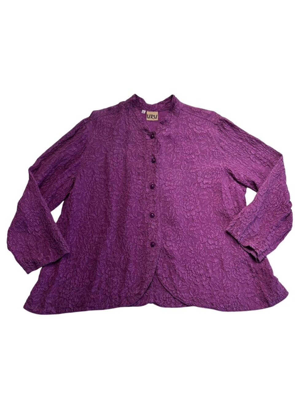 URU Womens Embossed 100% Silk Floral Button Up Lagenlook Top Size XL Purple